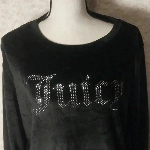Juicy Couture Women Black Velvet Fleece Top, Rhinestone Embellished Logo, Sz XL - Picture 2 of 8